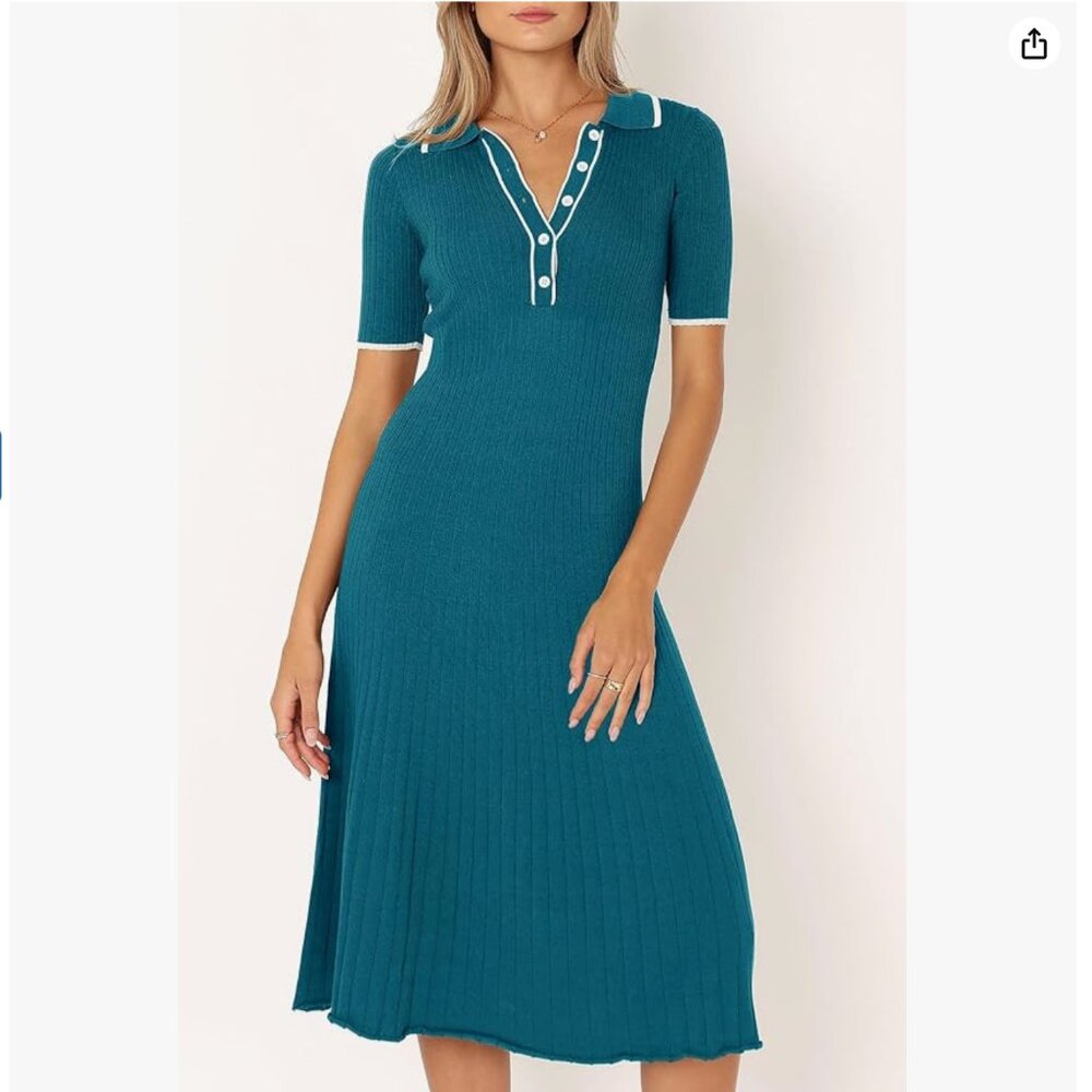 MITILLY Summer Short Sleeve Sweater Dress Button V Neck Ribbed Knit